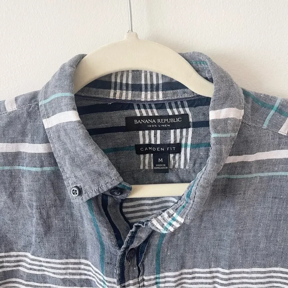 Banana Republic Linen Button Down Shirt Camden Fit Men’s size M Gray Plaid